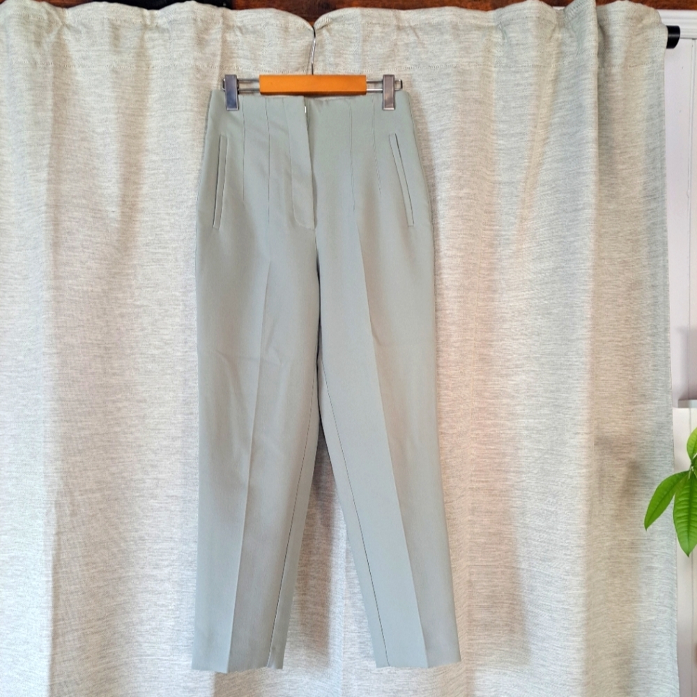 Zara Sage Green Cropped Pleated Trousers